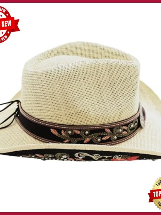 Unisex Straw Cowboy Hat with Studded Band and Bull Buckle, 58cm or 60cm